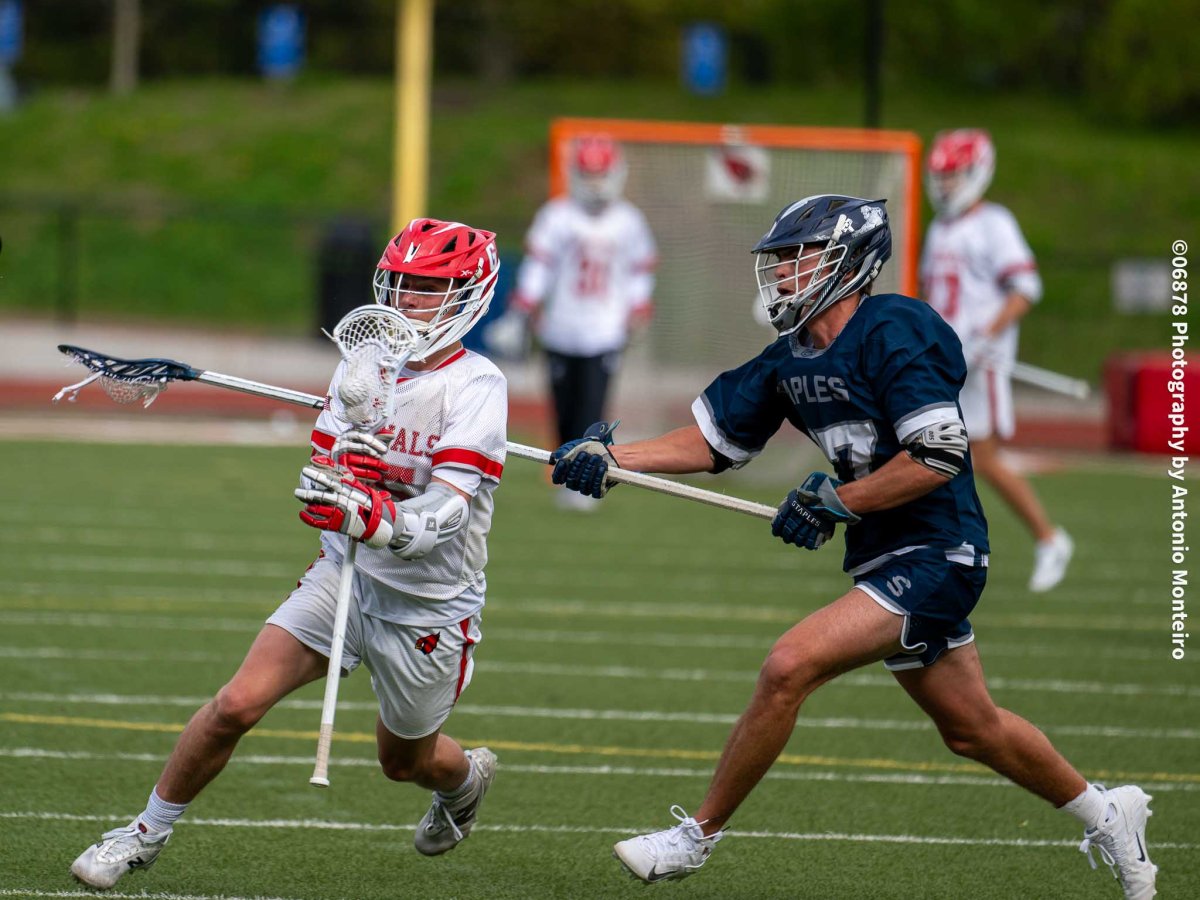 Cardinals varsity boys lacrosse team defeated at home vs. Staples, which used a strong second half on its way to victory; Cardinals soar to shutout win vs. Westhill